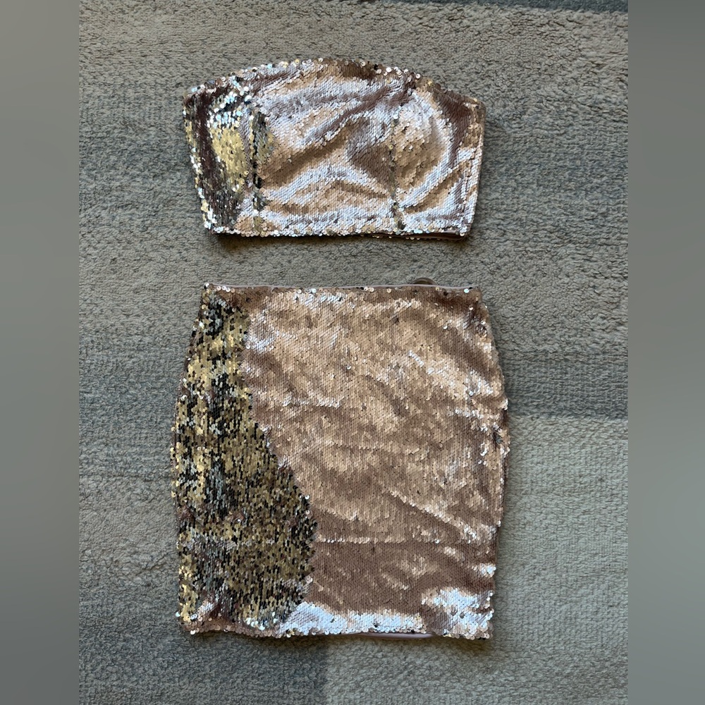 FN Rose Gold/ silver Sequin Mini Skirt Set
